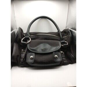 DKNY DONNA KARAN Black Signature Canvas & Black Leather Satchel Barrel Purse